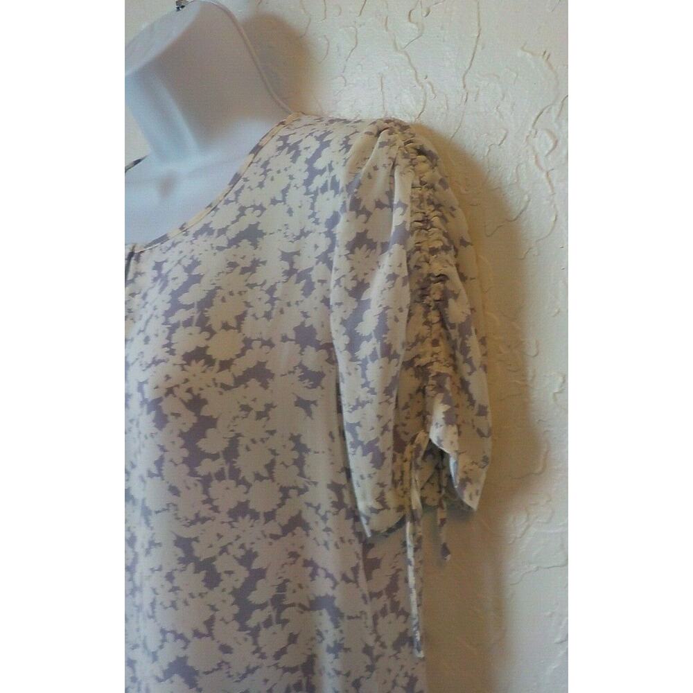 Rose Olive Women Small White Purple Floral Top Chiffon Shirred Short Sleeve - Picture 5 of 7